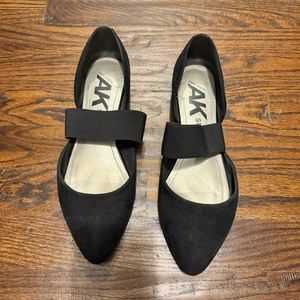 Size 8 black flats with strap across, low hidden 1” heel